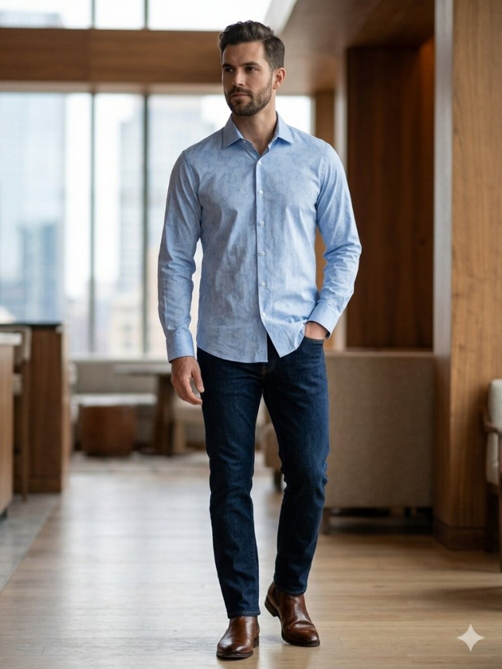 Bugatchi Uomo Classic Fit Button‎ Down Shirt Size M Blue Tone-on-Tone Jacquard